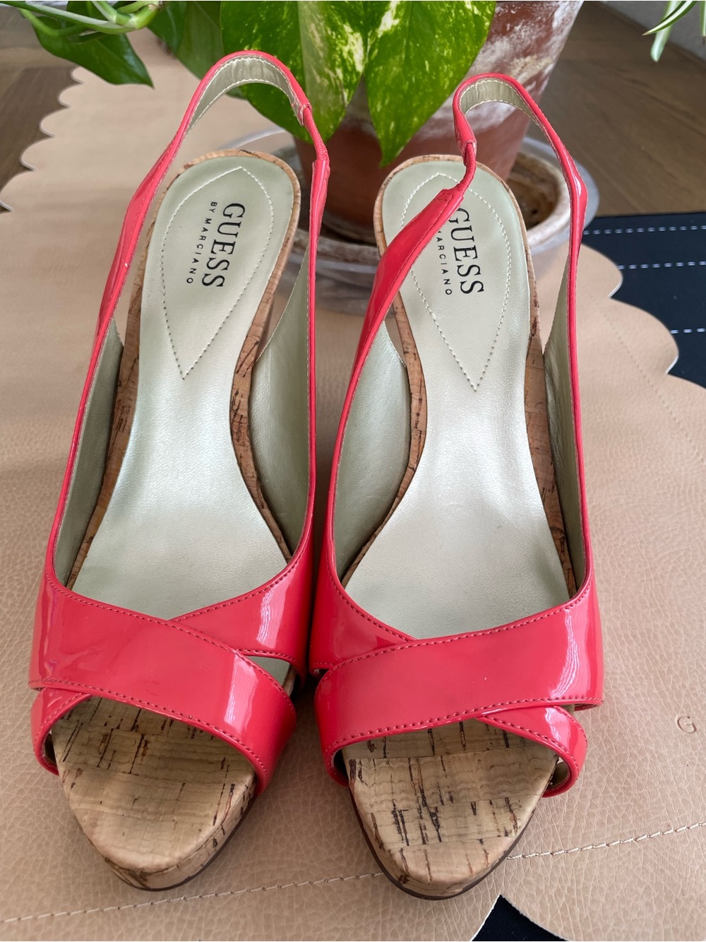GUESS Violetta Pink Slingback Cork Wedge Sandals Size 8
